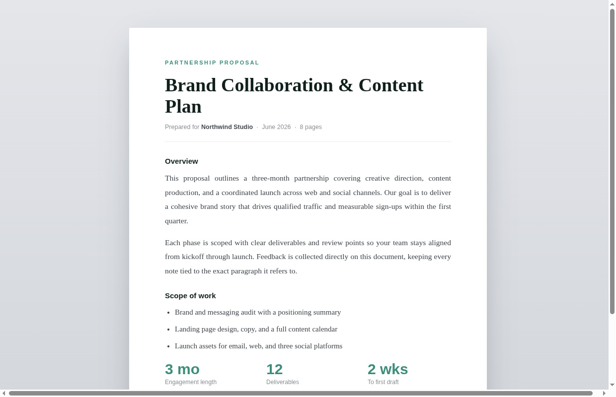 A PDF proposal document being annotated in Markify with a pinned comment